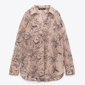 ZARA Floral Button Down Shirt in Beige and Black